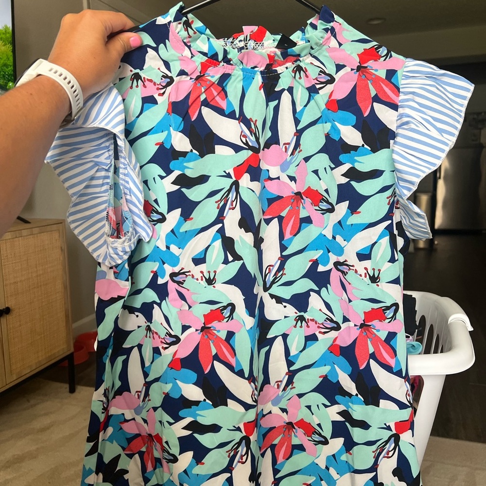 Floral and Striped Ruffle Sleeve Top
